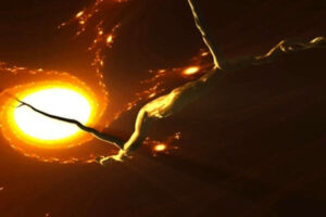 A black and white drawing by David Moraton depicts a violinist in mid-performance against a stark contrast of darkness and vibrant orange sky. The composition guides the viewer's eye, creating a visual narrative that emphasizes the musician against the vastness of space, inviting contemplation on interconnected human experience. Video Animation 2 min 2009