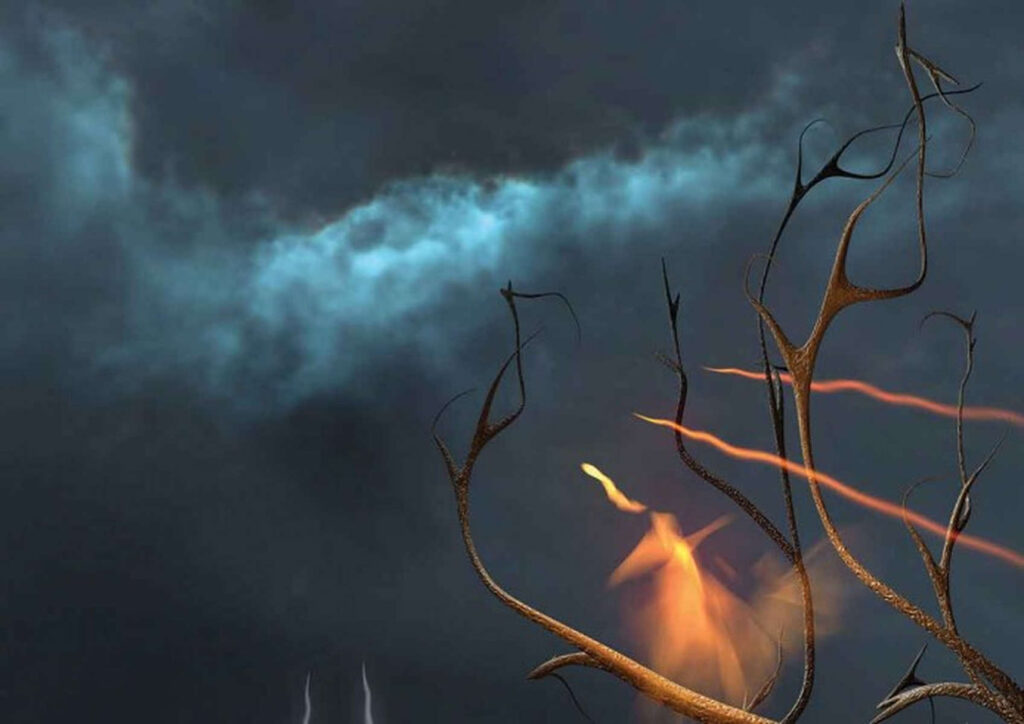 The artwork "Flutes and Birds" by David Moraton features an intricate black and white drawing with a tree branch structure, two frozen bird-like figures, and a bright light source, creating a sense of balance, symmetry, and depth. It invites contemplation on interconnectedness of nature and reality. Digital Art on Board 65x42 cm 2018